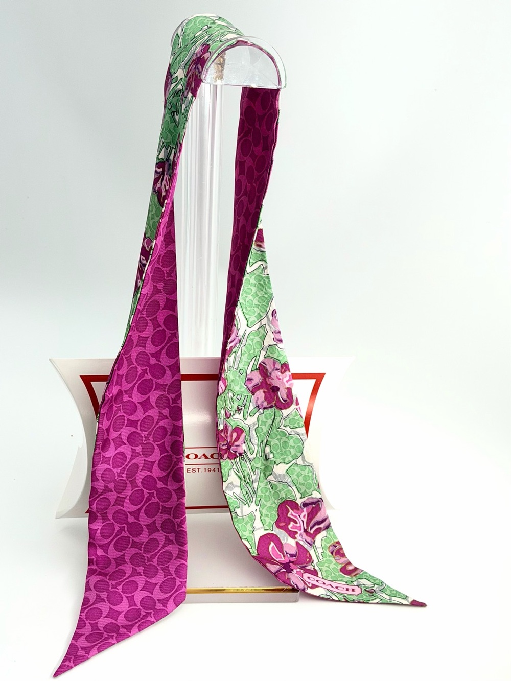 Coach Silk Skinny Scarf/Pony Scarf Twilly- Signature C Logo & Green Floral Print